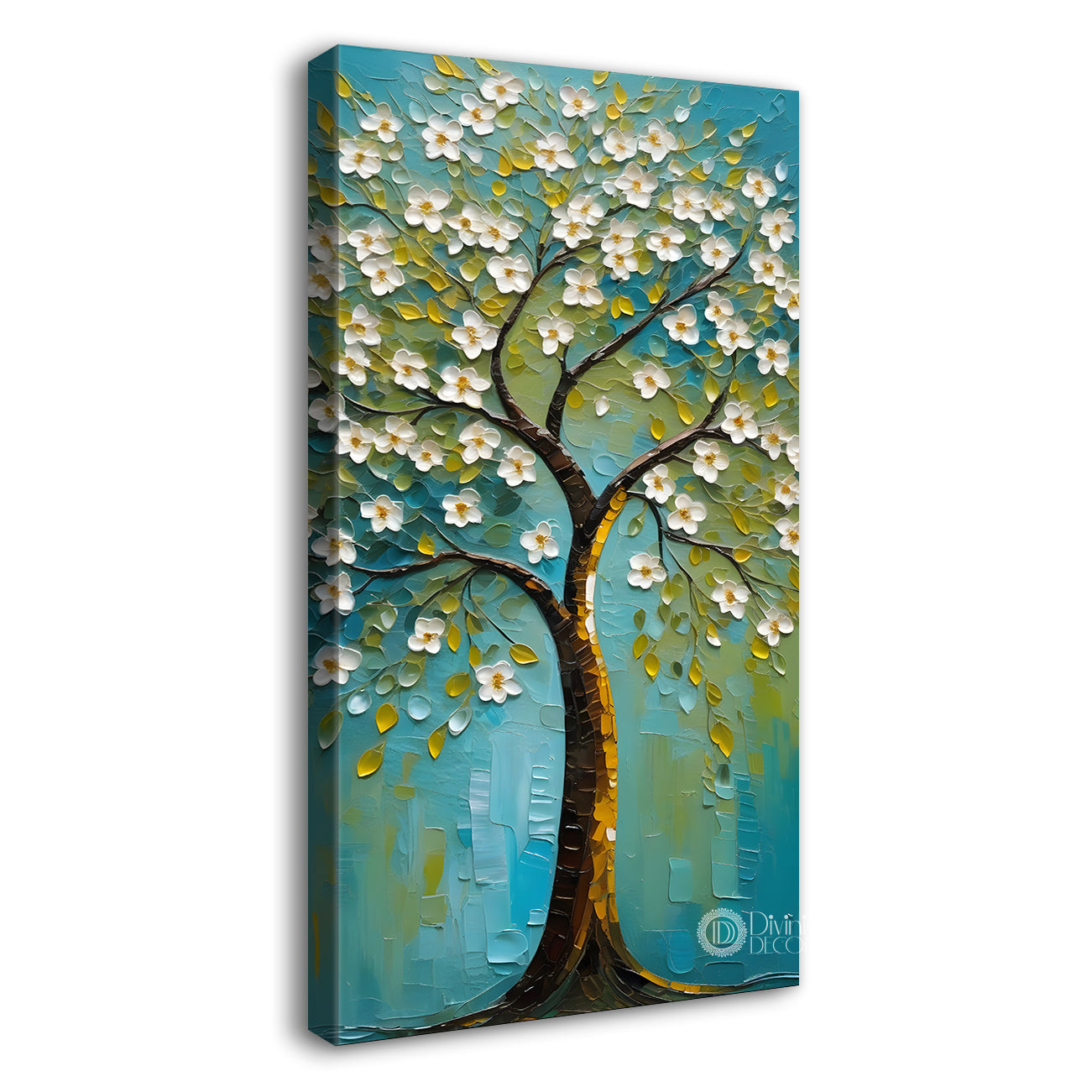 White flowers tree in textured oil painting Canvas painting - Tree-V-39
