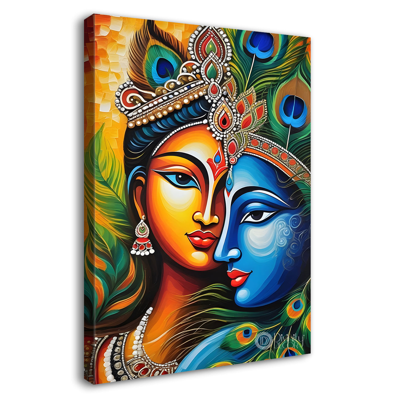 Blue face of krishna in peacock feathers background textured art Canvas Painting - Design - Krishna-V-39