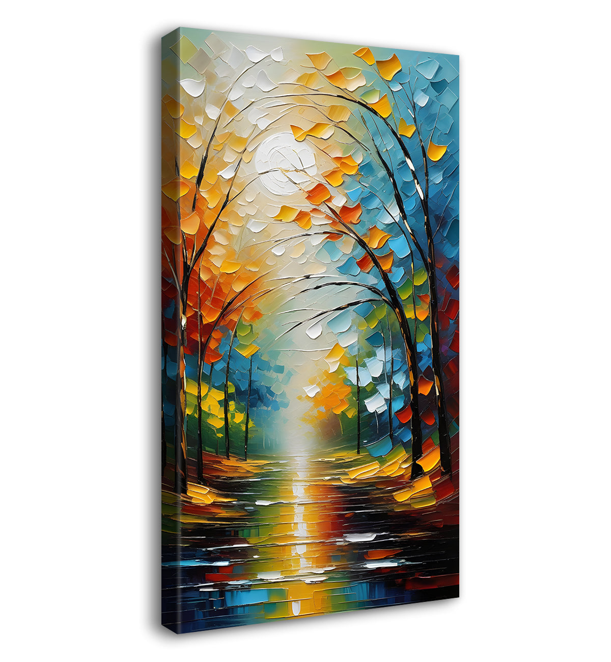 Colourful trees with lake in textured painting Canvas Painting - Nature Art -V-39