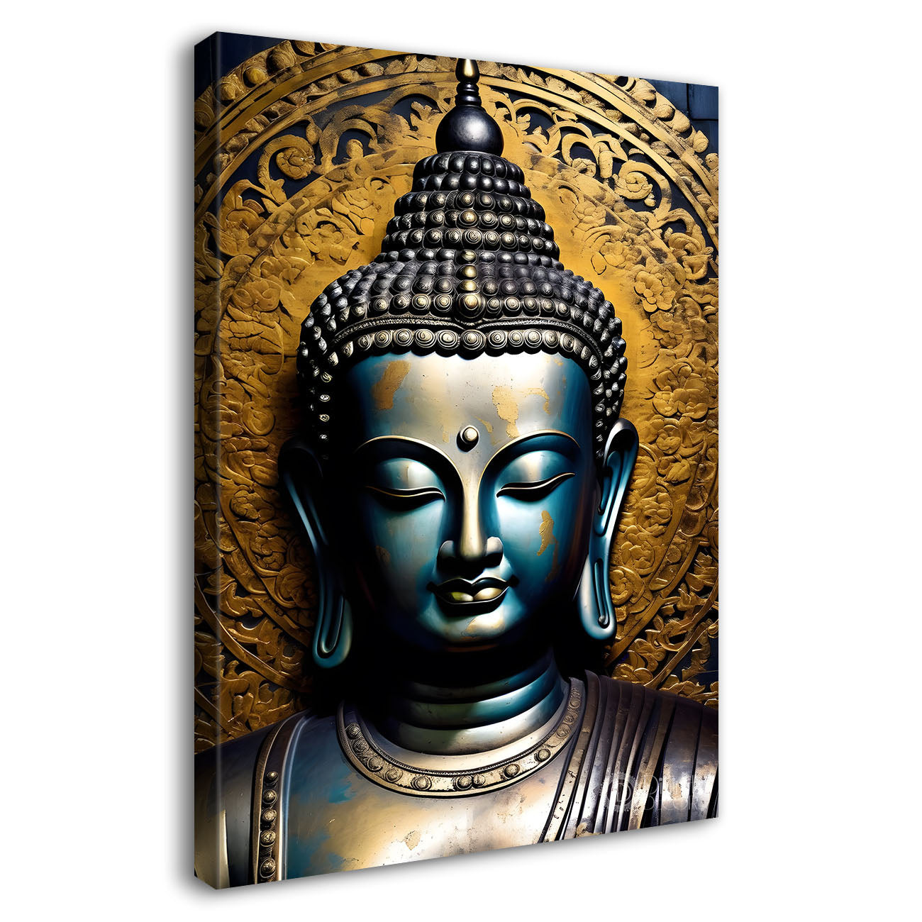 Blue buddha face with golden background textured painting - Buddha-V-39