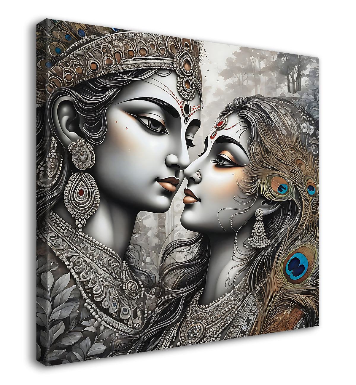 Krishna and radha with grey and bown textured oil painting Canvas Painting 24X24- Design - Krishna-S-39