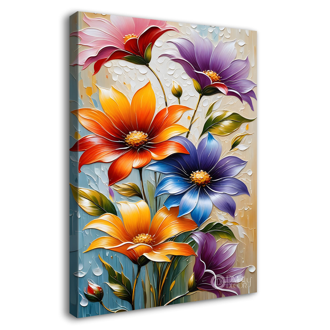 Colourful flowers in grey textured background painting - Flower-V-39