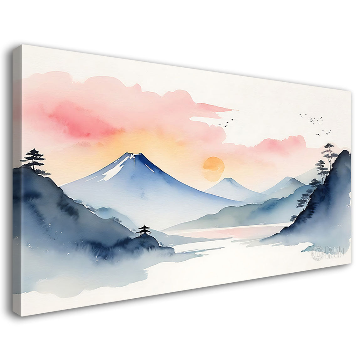 Mountains with lake and clouds in pink sky textured water color painting Canvas Painting - Nature Art - 3