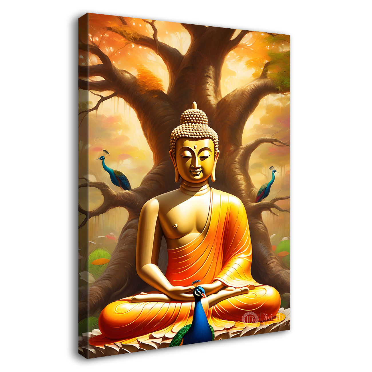 Golden buddha sitting on lotus with trees,peacock and orange background textured painting - Buddha-V-3