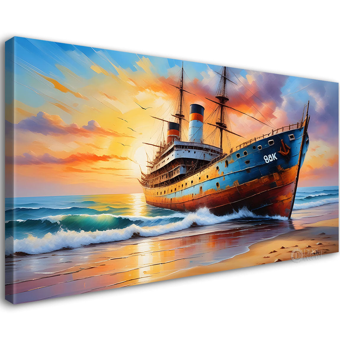 Ship with sunset background in textured modern art canvas painting - Design - River-3