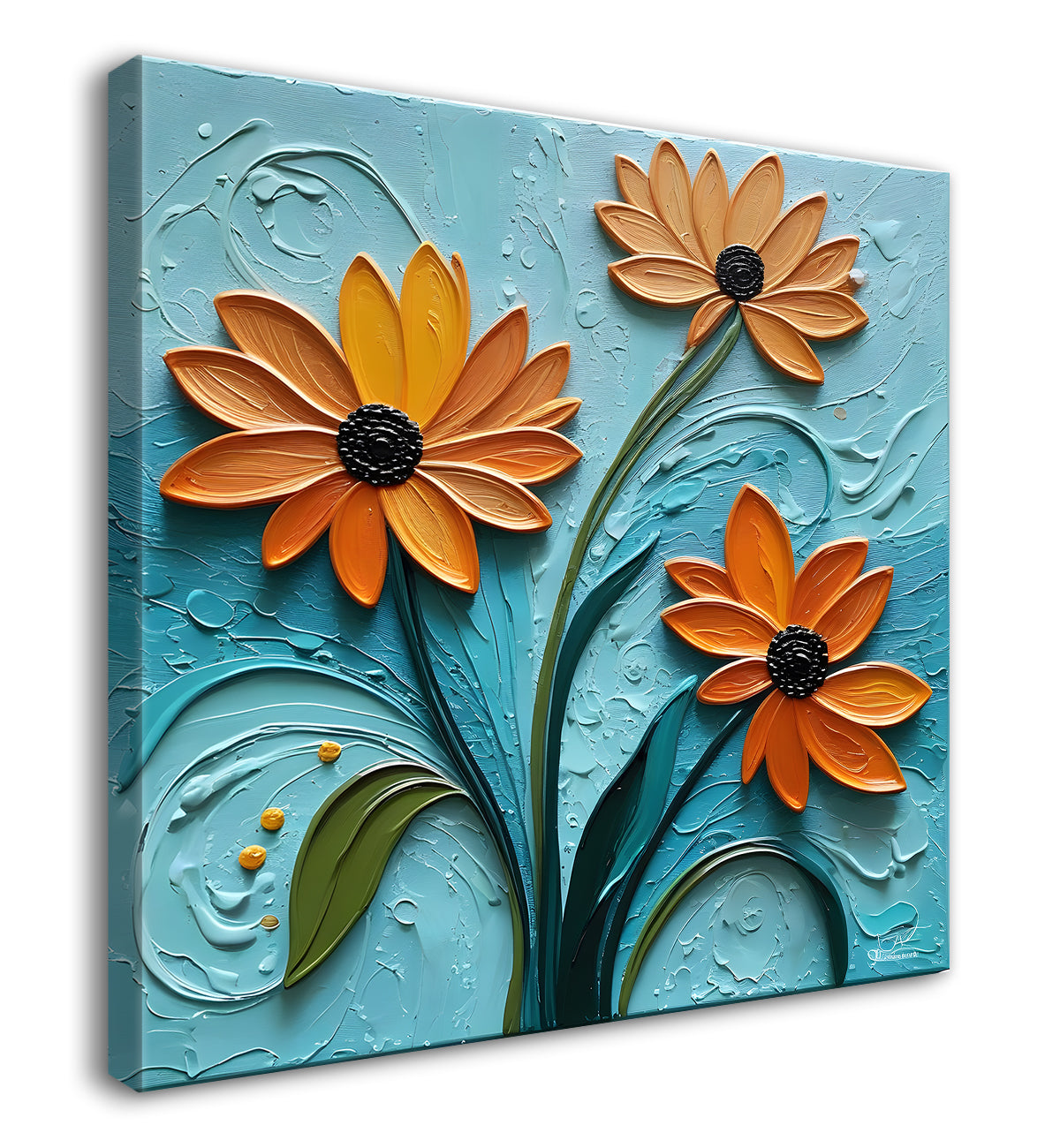 Orange flowers in blue background textured painting  - Flower-S-3