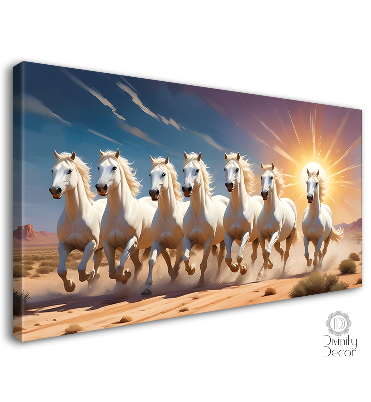 Seven white horses running with sunrise textured background art Canvas Painting - Design - Horse- 4