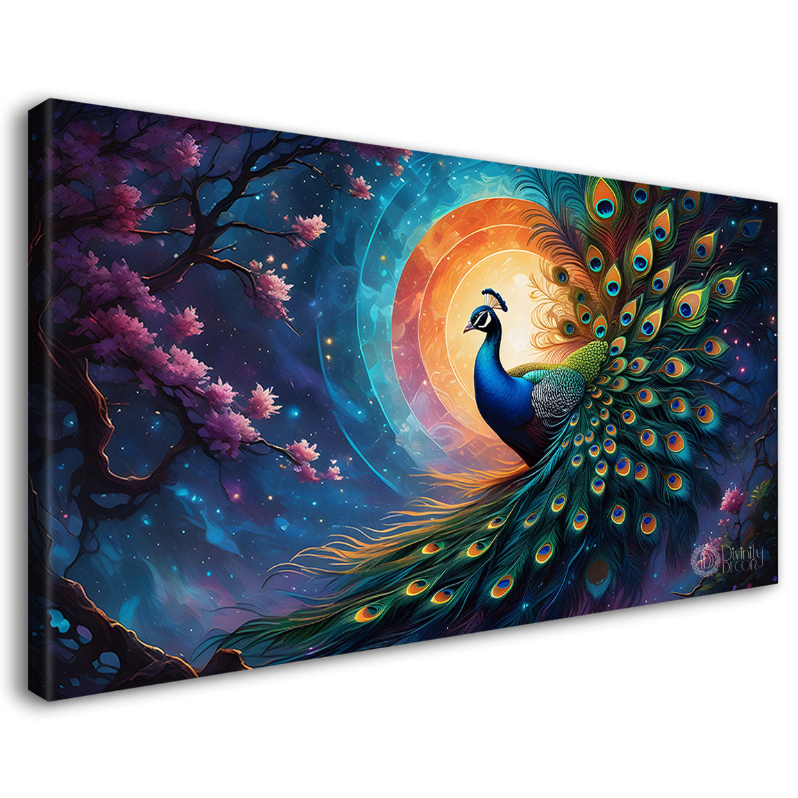 Peacock on pink tree branch painting Canvas Painting - Design - Peacock-40