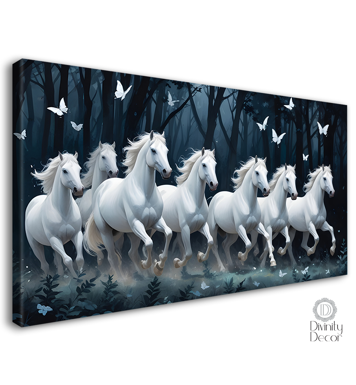 White running horses with white butterflies and trees in dark textured background art Canvas Painting - Design - Horse-40