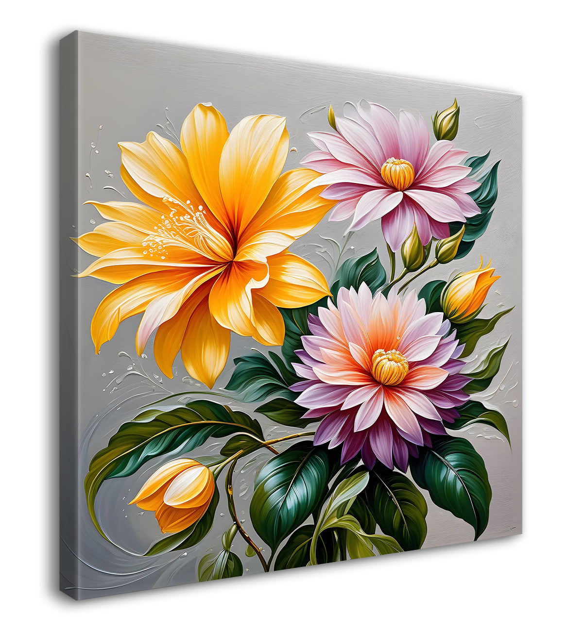 Yellow and pink flowers in textured oil painting - Flower-S-401