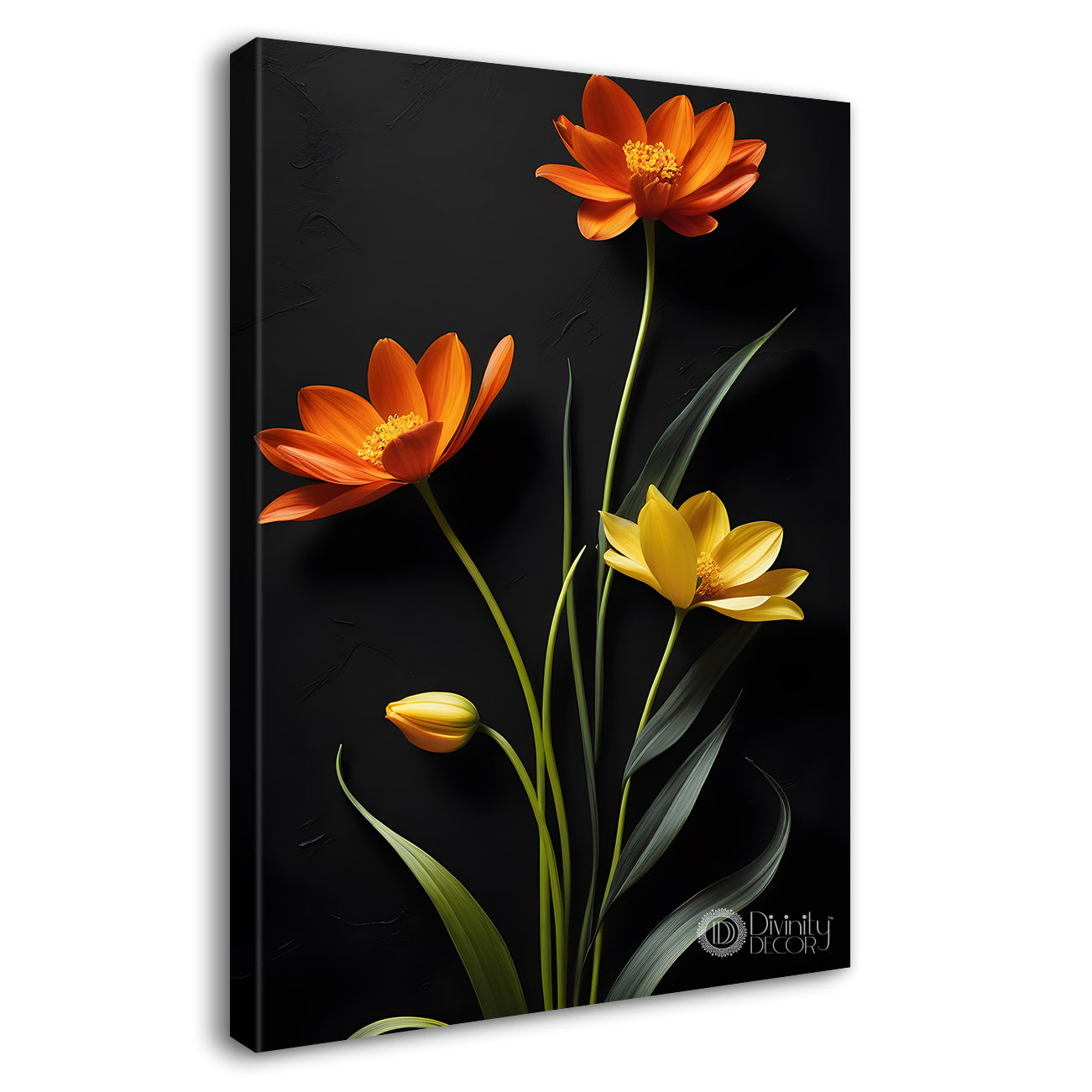 Orange flowers in dark textured painting- Flower-V-403