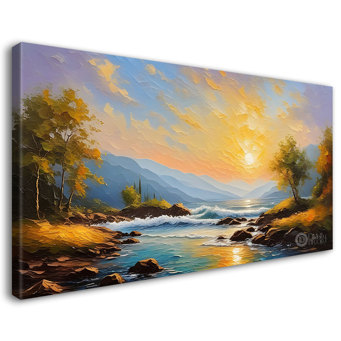 Mountains with river and sunrise painting Canvas Painting - Nature Art -404