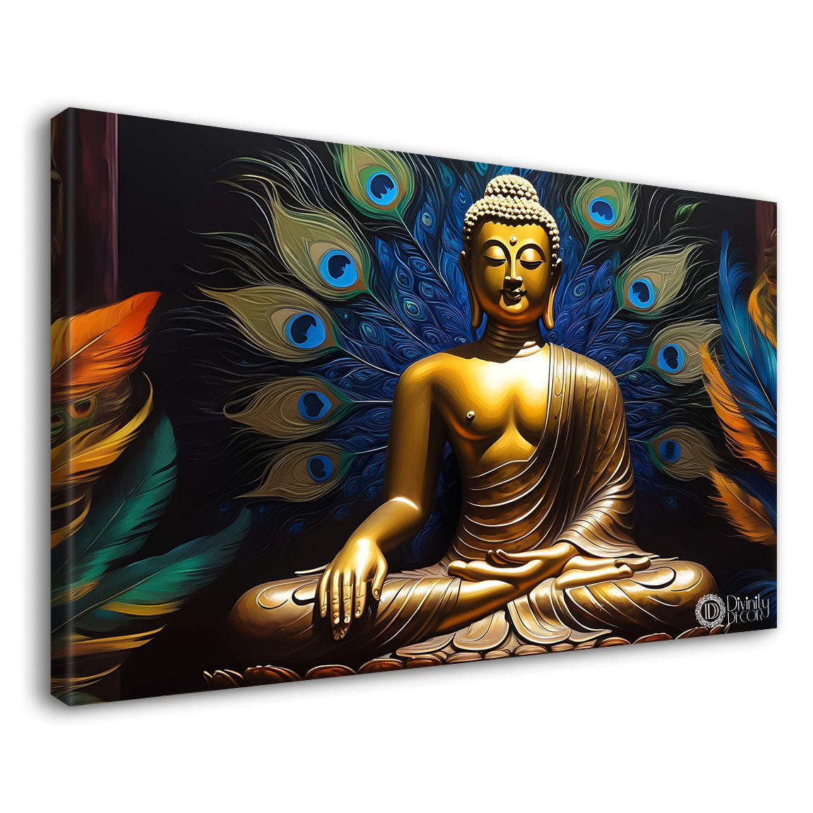 Golden buddha with dark and peacock feathers background textured painting Canvas Wall Painting - Buddha-405