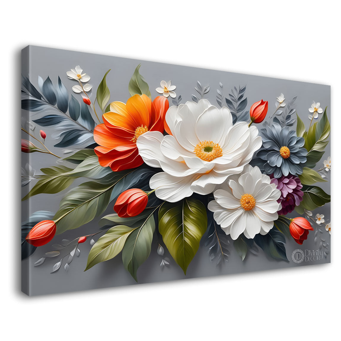 Colorful flowers in grey background canvas painting- Flower-405