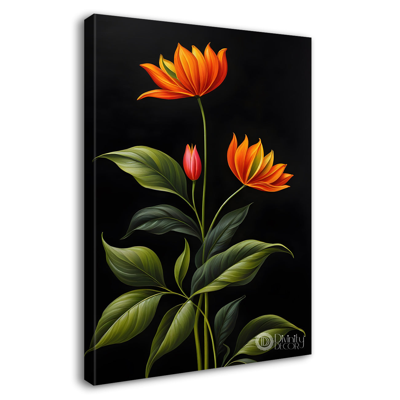 Orange flowers in dark textured painting- Flower-V-405