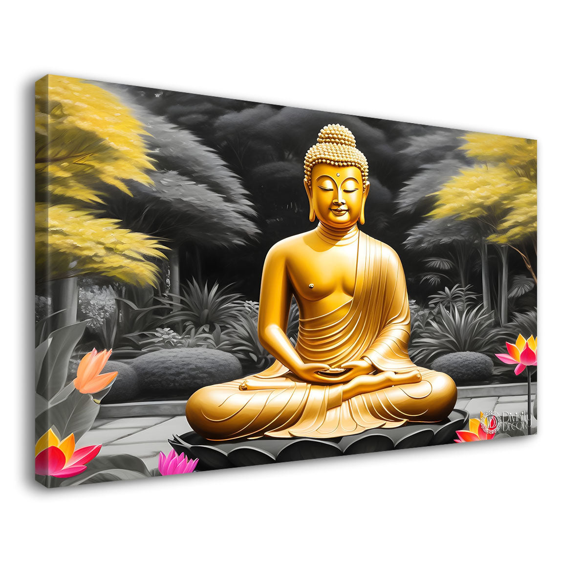 Golden buddha with grey and yellow trees background textured painting Canvas Wall Painting - Buddha-406