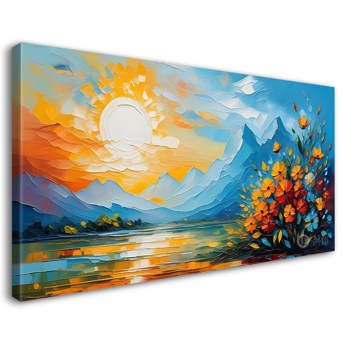 Mountains with flowers and sunset painting Canvas Painting - Nature Art -406