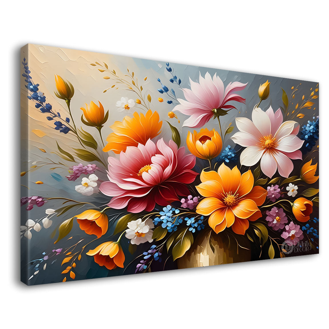 Colorful flowers in grey background canvas painting- Flower-407
