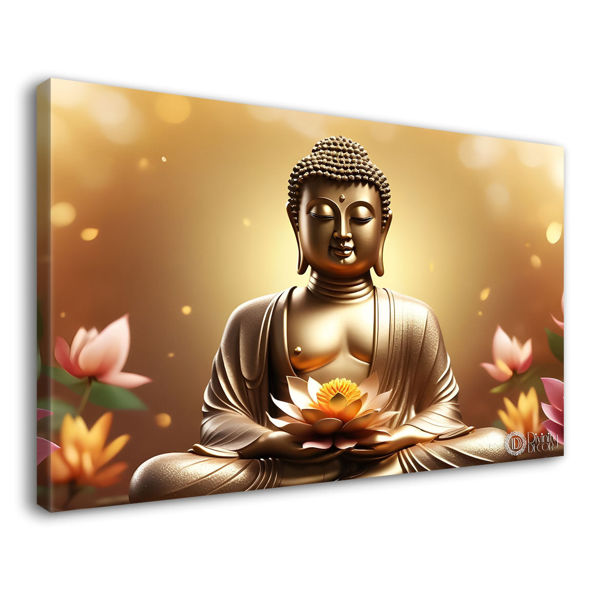 Golden buddha with golden and lotus background textured painting Canvas Wall Painting - Buddha-408