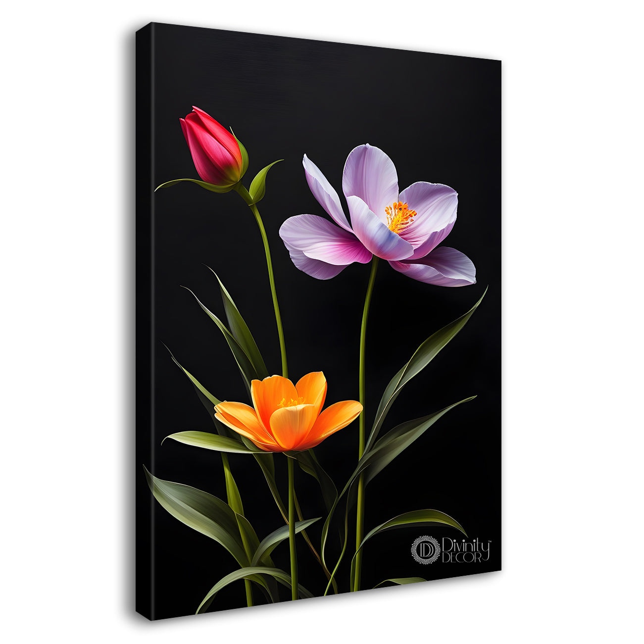 Orange and purple flowers in dark textured painting- Flower-V-408