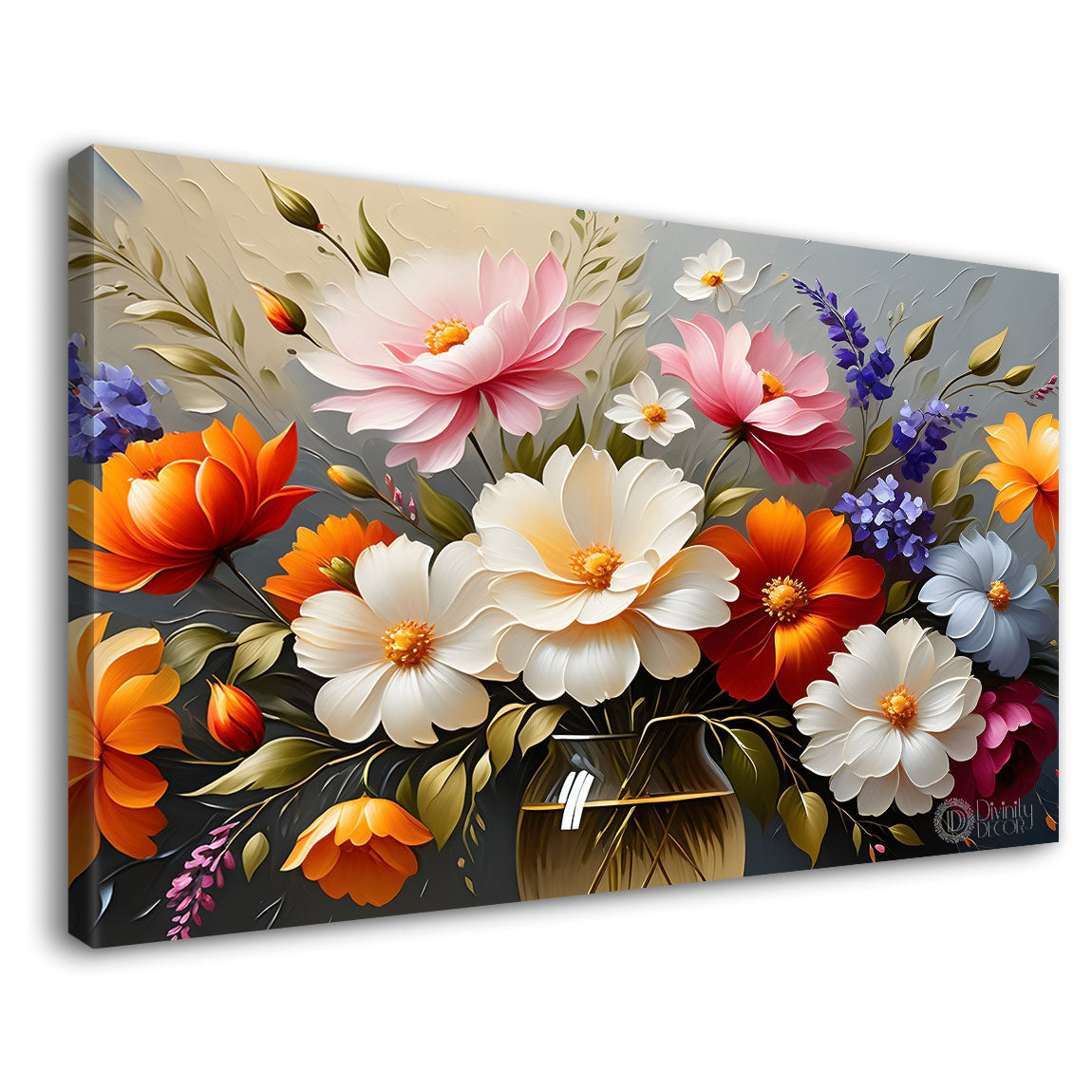 Colorful flowers in grey background canvas painting- Flower-408