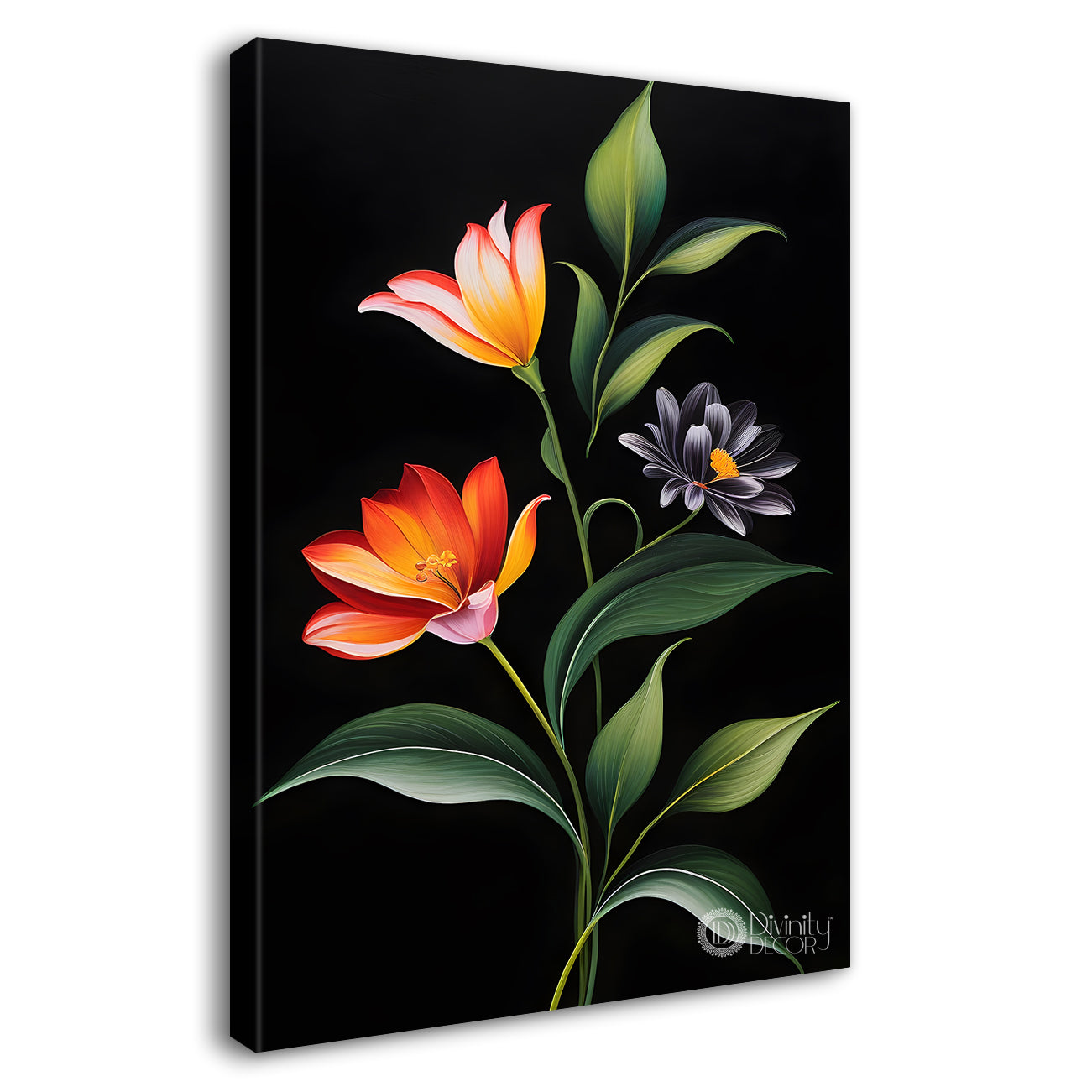 Orange and yellow flowers in dark textured painting- Flower-V-409