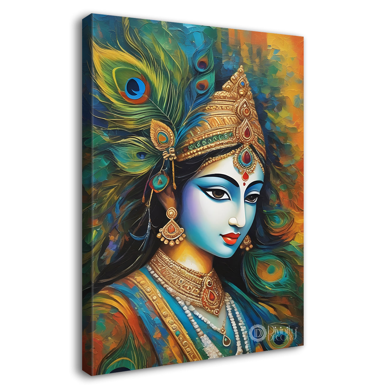 Blue face of krishna in peacock feathers background textured art Canvas Painting - Design - Krishna-V-40