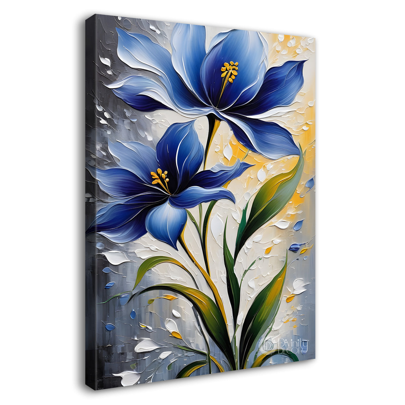 Blue flowers in grey textured background painting - Flower-V-40