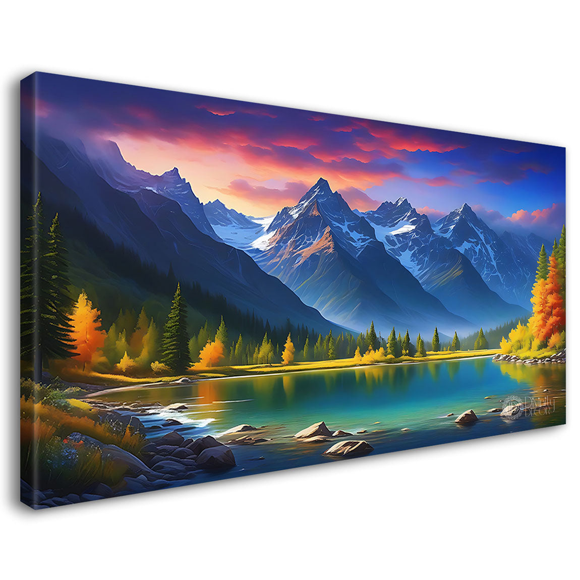 Mountains with lake and yellow trees with pink sky in textured natural art Canvas Painting - Nature Art -40