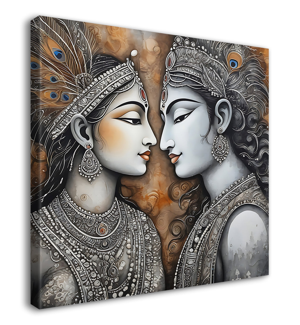 Krishna and radha with grey and bown textured oil painting Canvas Painting 24X24- Design - Krishna-S-40