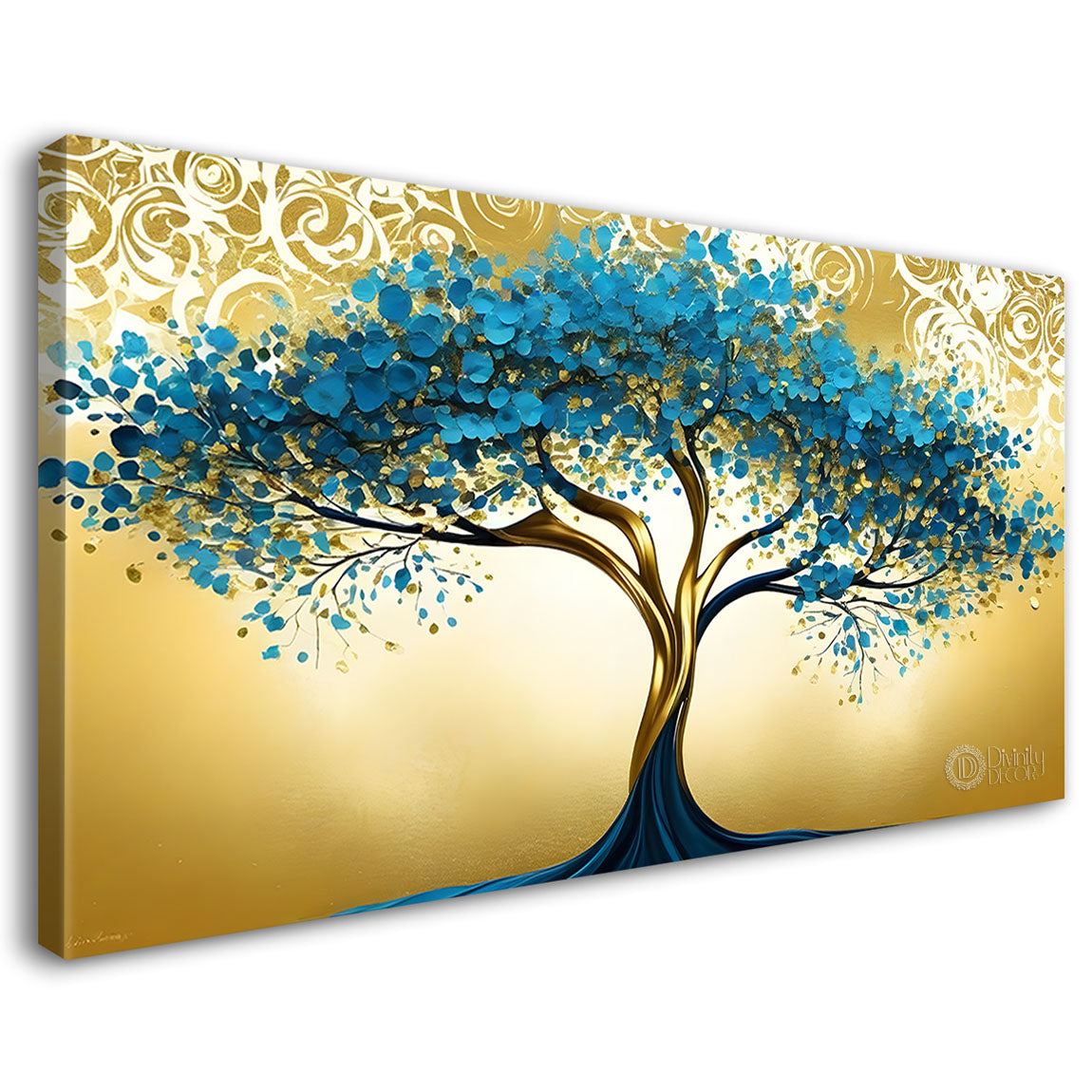 Aqua color tree in golden textured background modern art Canvas Painting - Design - Tree-40