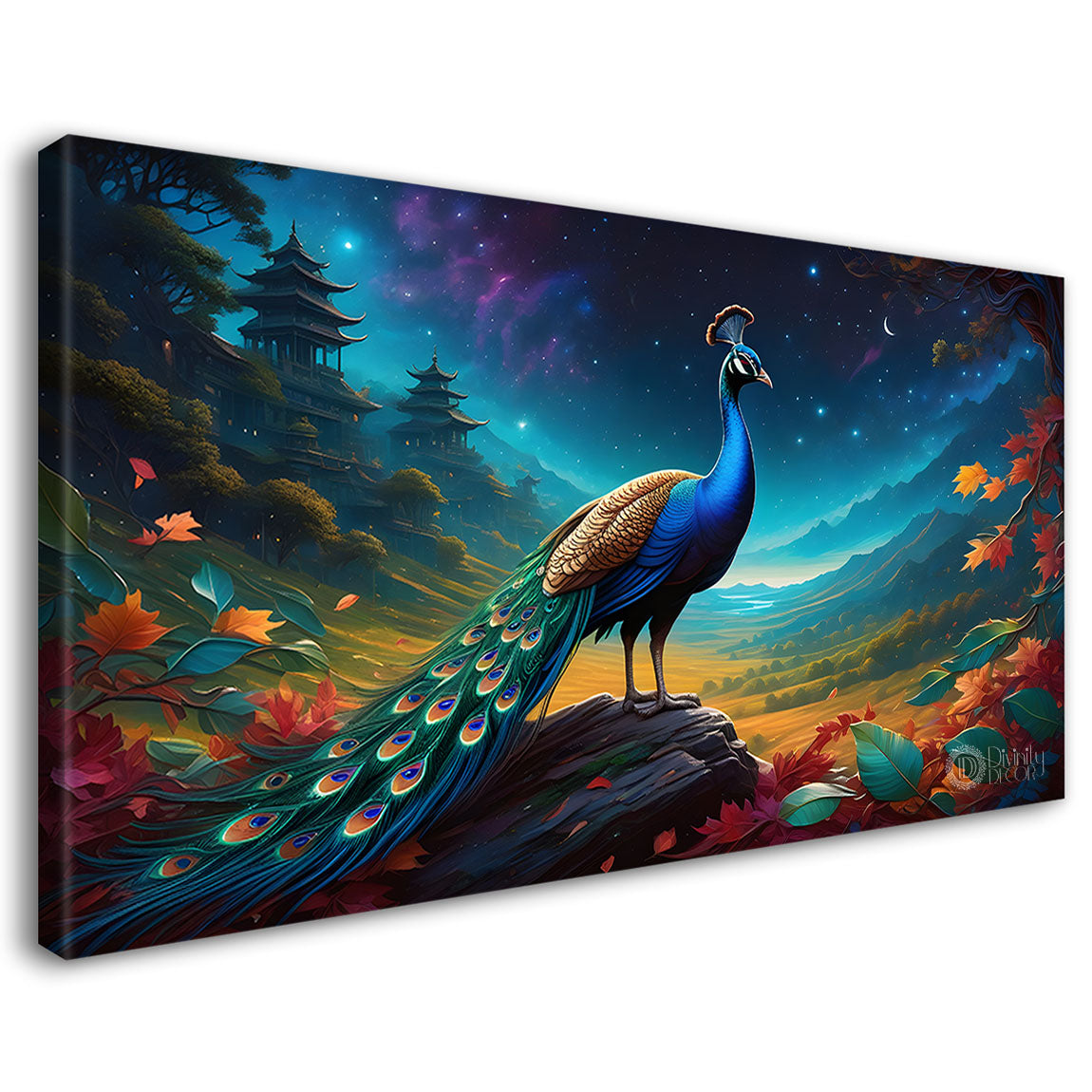 Peacock in blue color background oil painting Canvas Painting - Design - Peacock-41