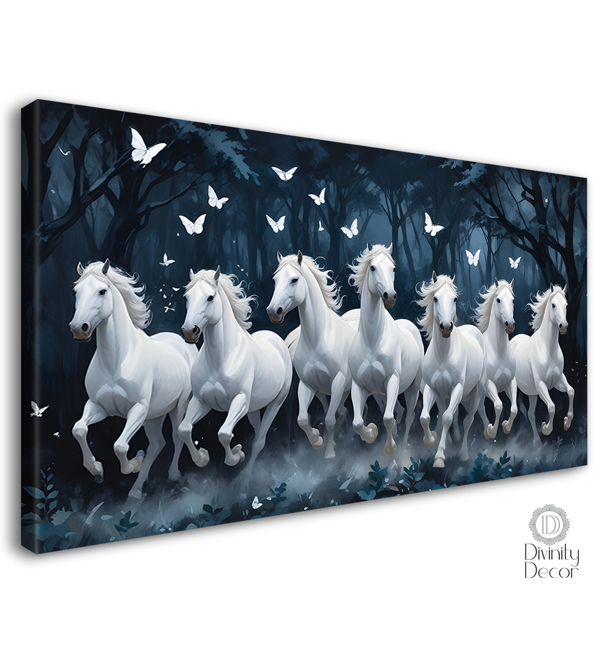 White running horses with white butterflies and trees in dark textured background art Canvas Painting - Design - Horse-41