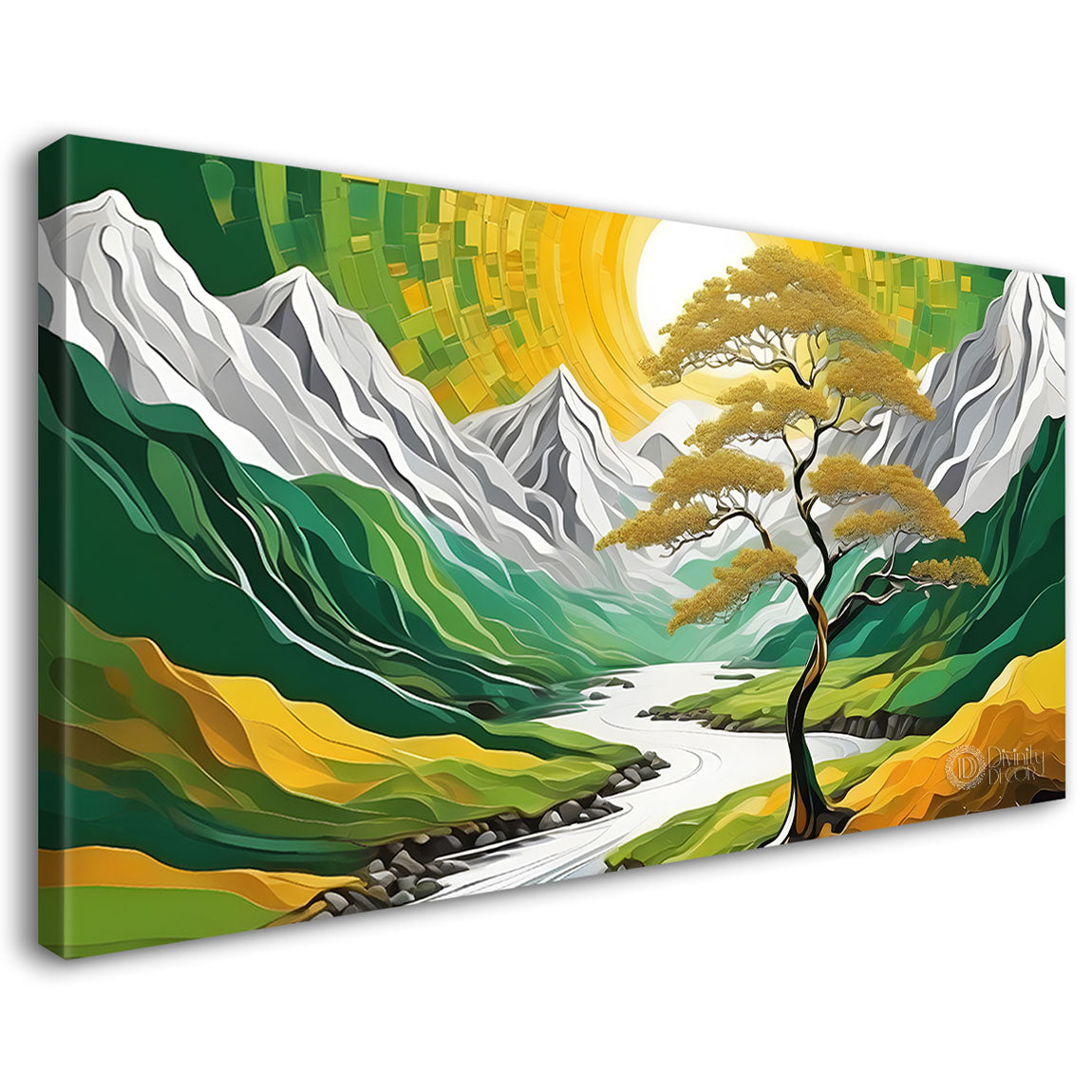 White mountains with sun and tree painting Canvas Painting - Nature Art -410