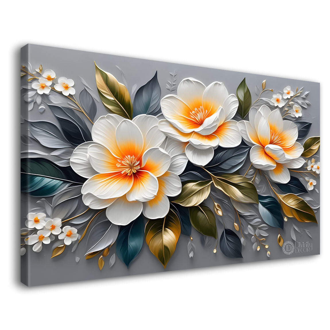 White flowers in grey background canvas painting- Flower-410