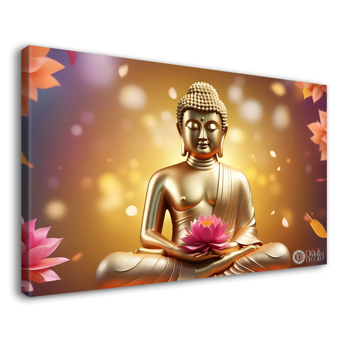 Golden buddha with golden and lotus background textured painting Canvas Wall Painting - Buddha-411