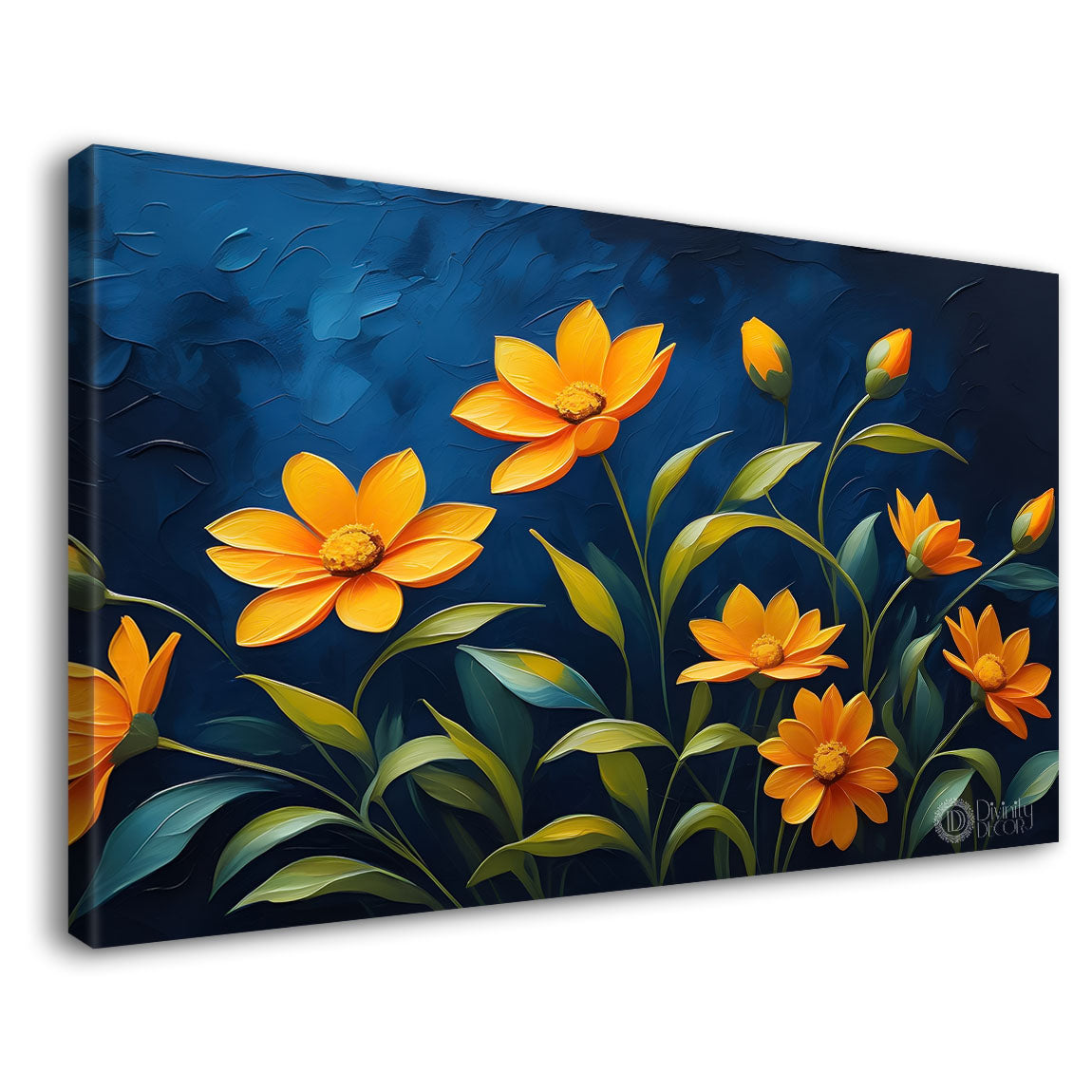 Yellow flowers in navy blue background canvas painting- Flower-411