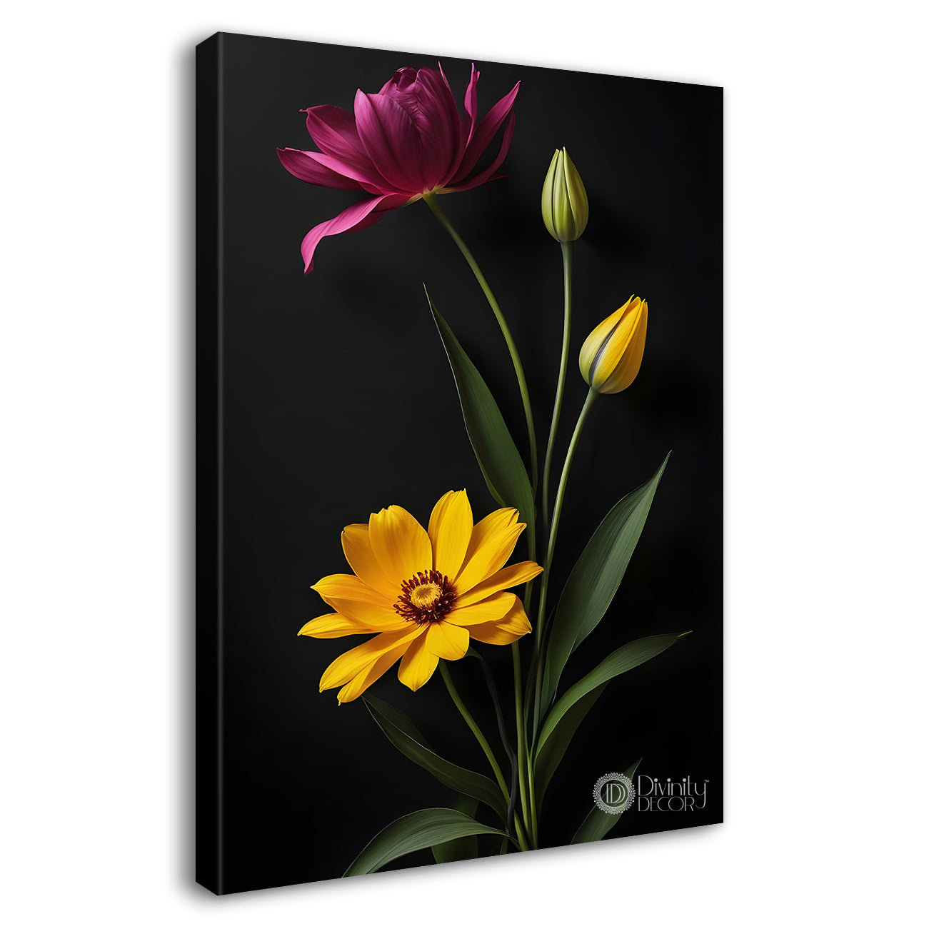 Red and yellow flowers in dark textured painting- Flower-V-412