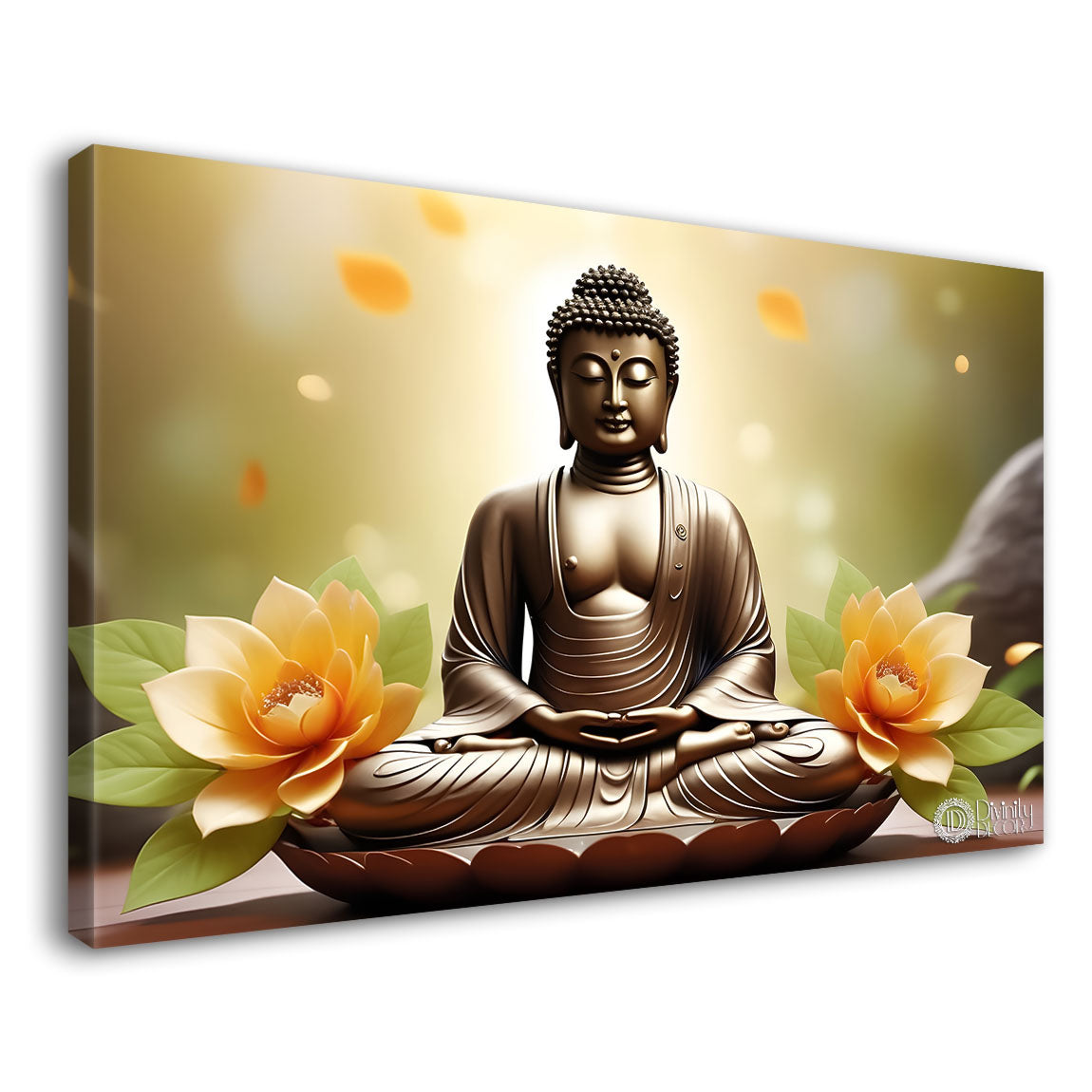 Golden buddha with green and lotus background textured painting Canvas Wall Painting - Buddha-413
