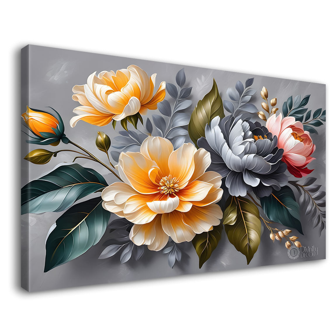 Colorful flowers in grey background canvas painting- Flower-413