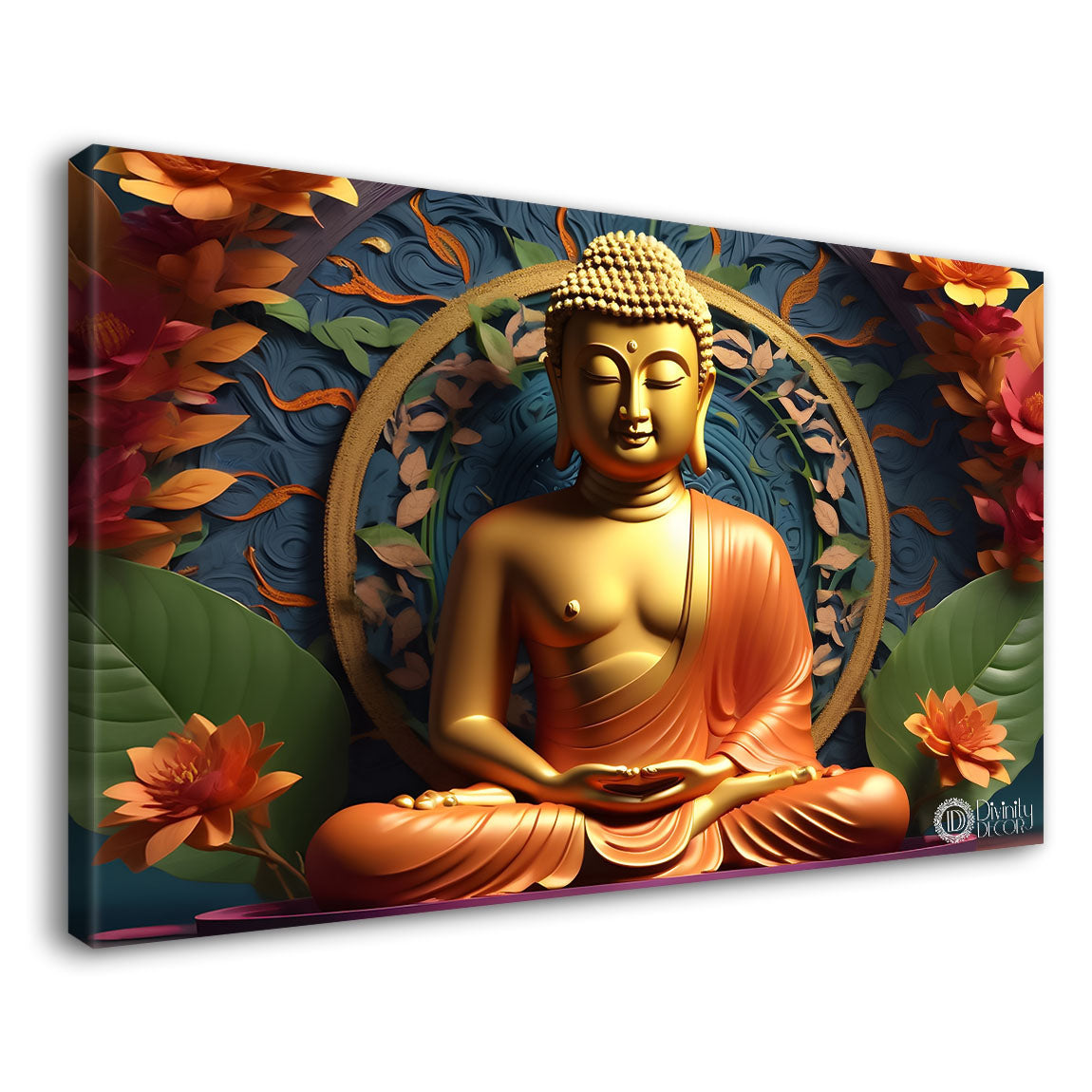 Golden buddha with orange and lotus background textured painting Canvas Wall Painting - Buddha-414