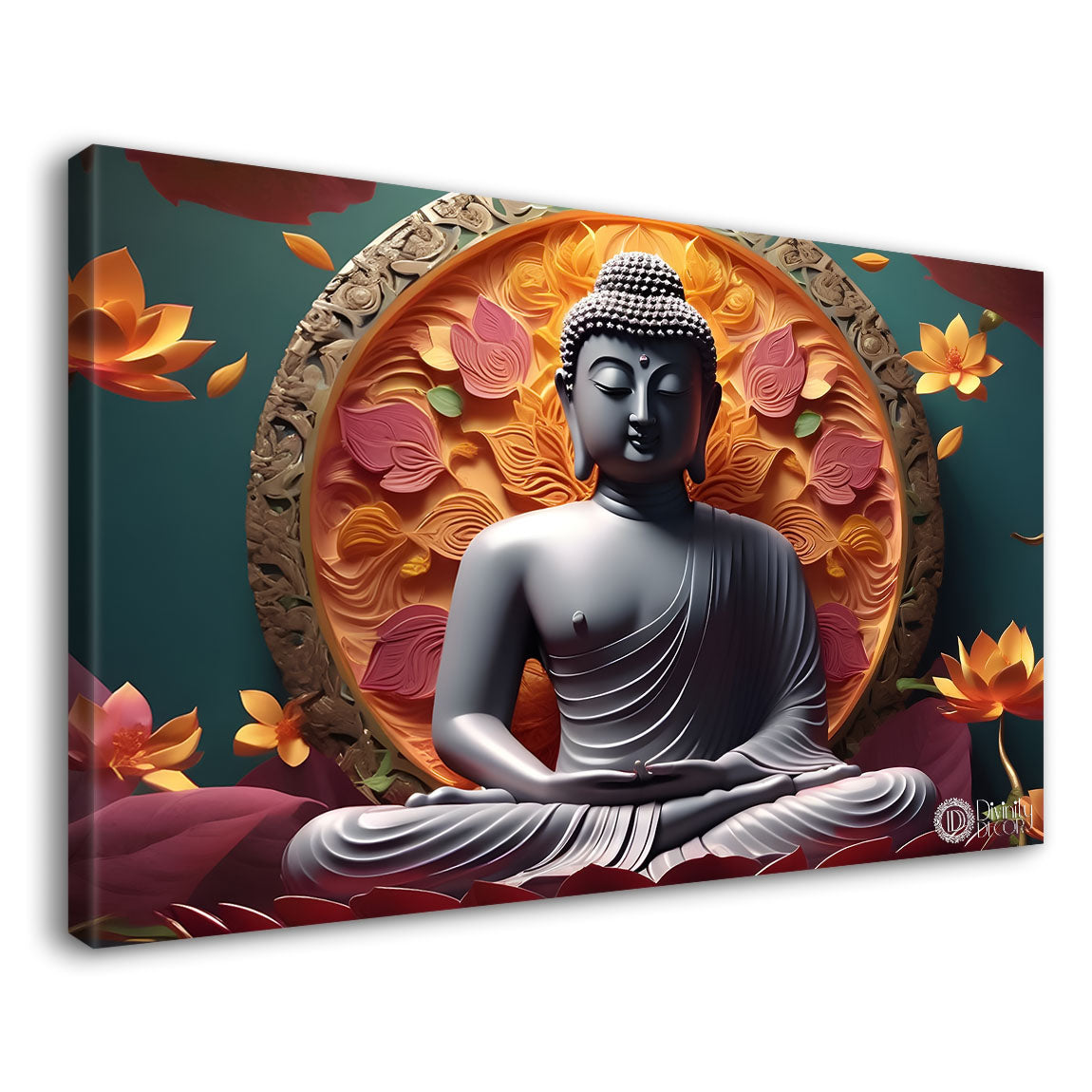Buddha with orange and lotus background textured painting Canvas Wall Painting - Buddha-415