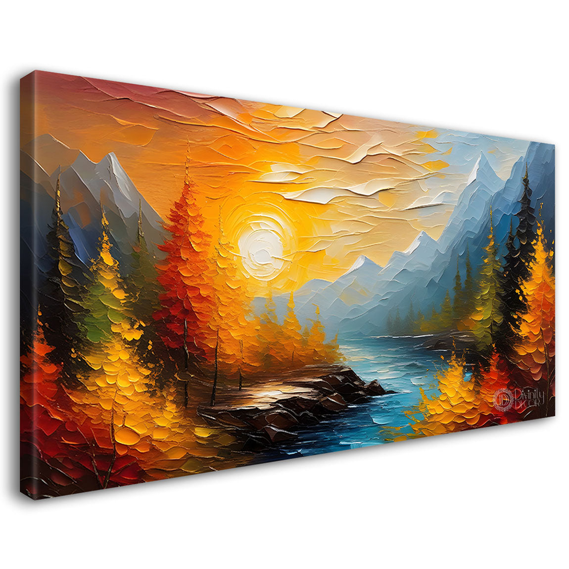 Mountains with orange trees and lake in textured natural art Canvas Painting - Nature Art -415