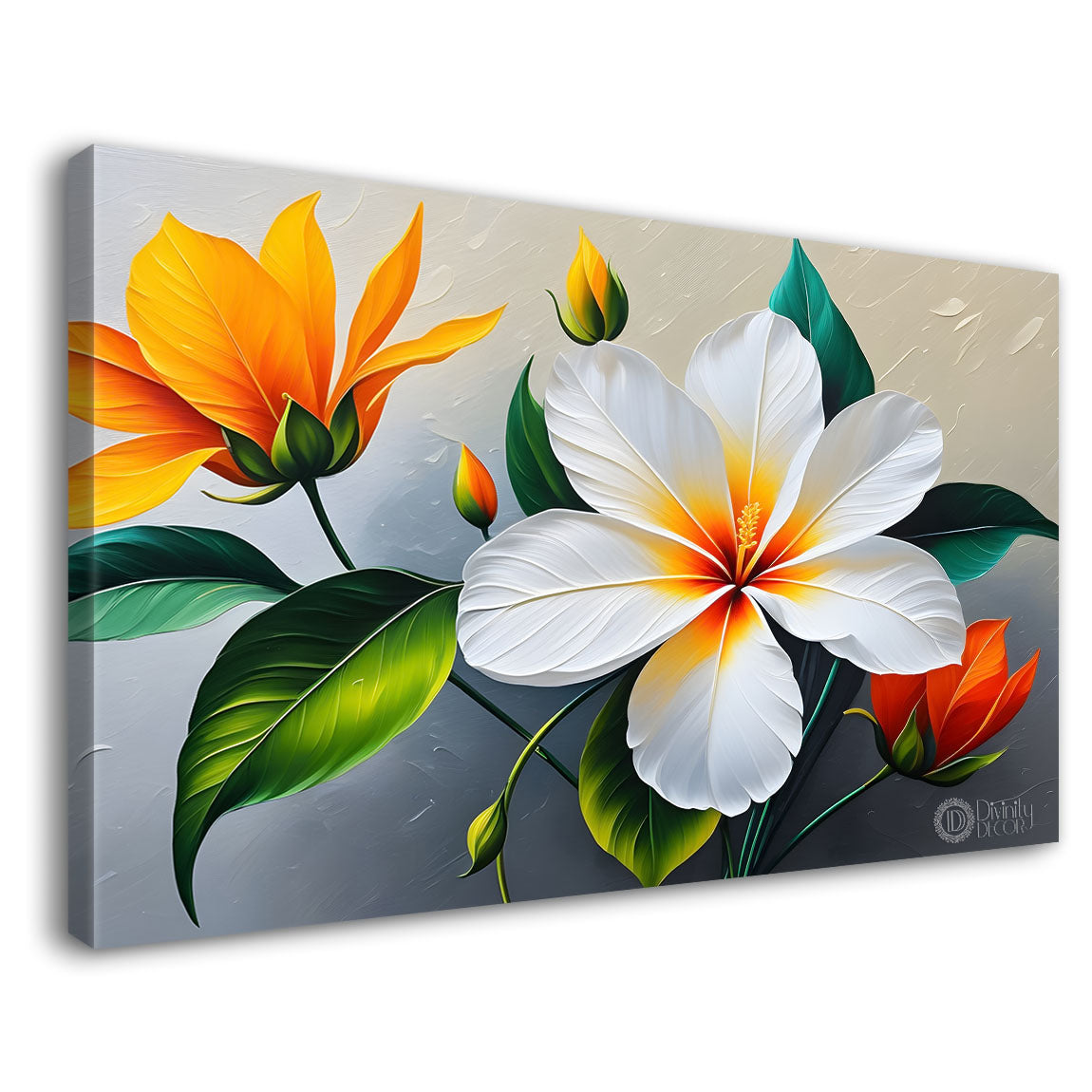White and yellow flowers in grey background canvas painting- Flower-415