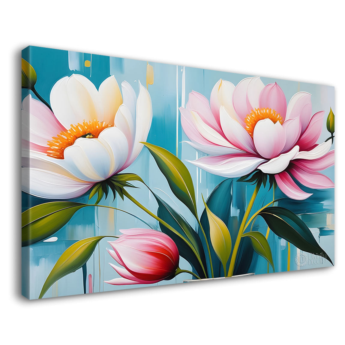 Pink flowers in blue background canvas painting- Flower-416