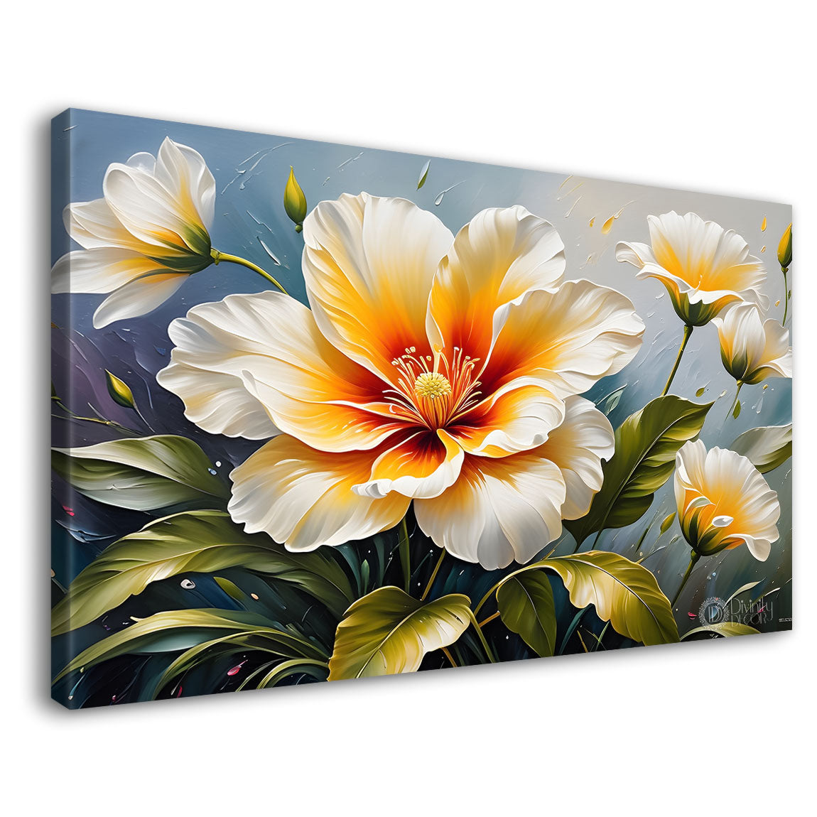 White flowers in grey background canvas painting- Flower-417