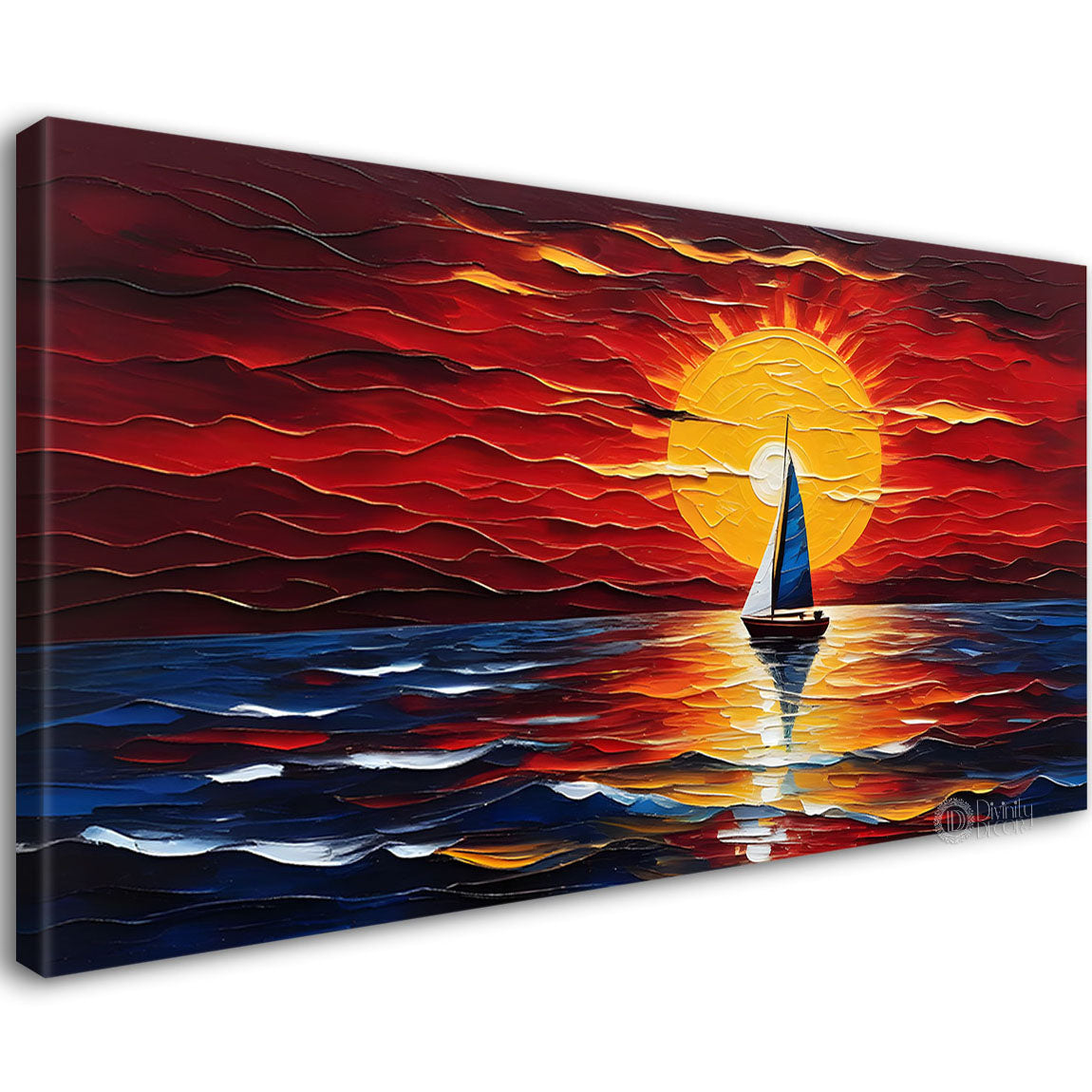 Boat in sea with red sunset background textured modern art canvas painting - Design - River-41