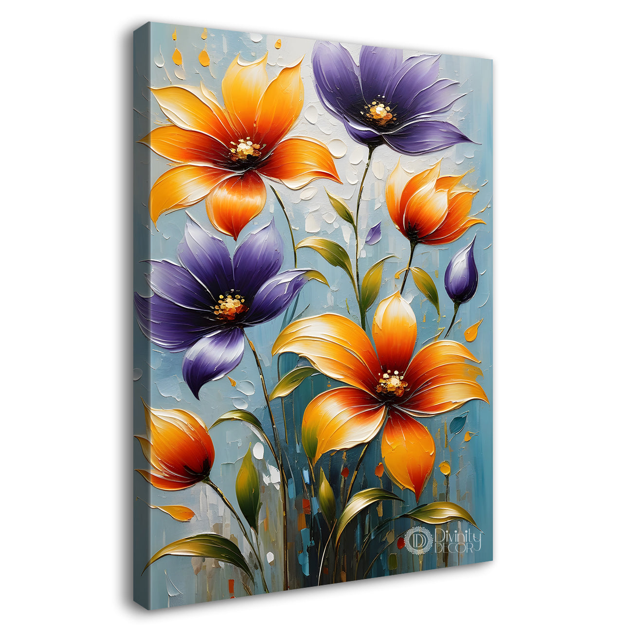 Orange and purple flowers in grey textured background painting - Flower-V-41
