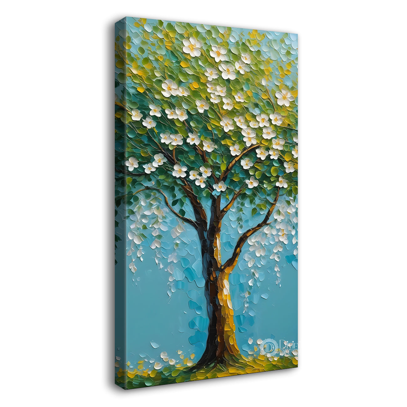 White flowers tree in textured oil painting Canvas painting - Tree-V-41