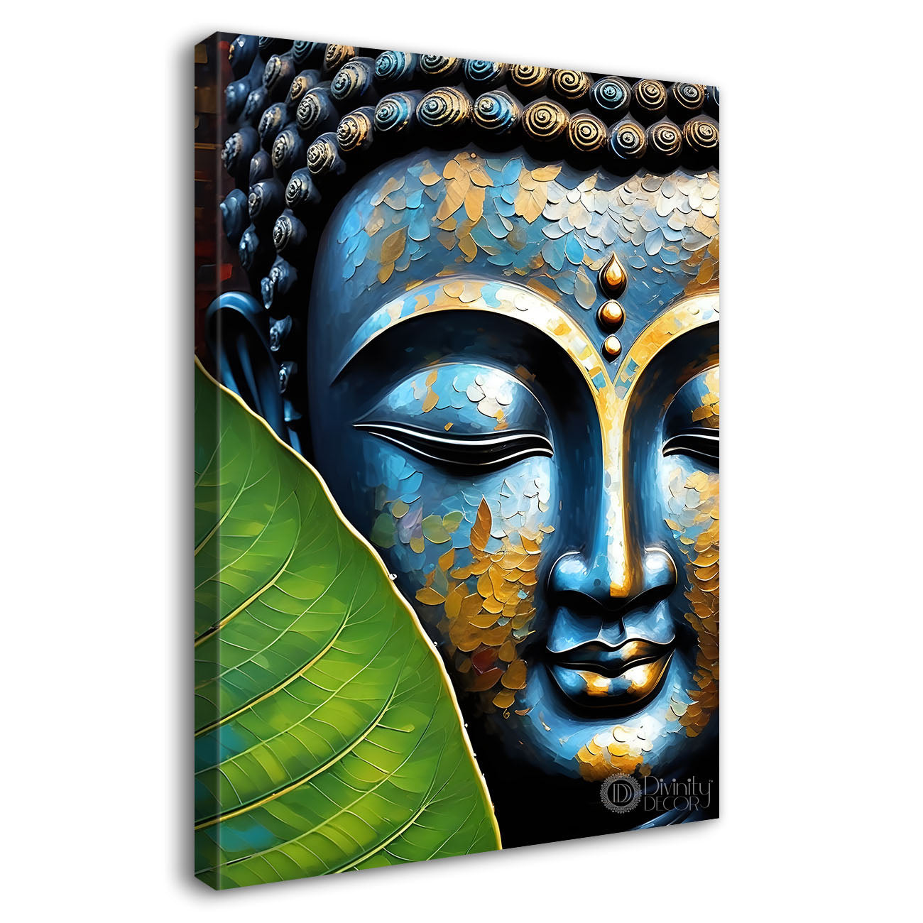 Blue buddha face with green leaf background textured painting - Buddha-V-41
